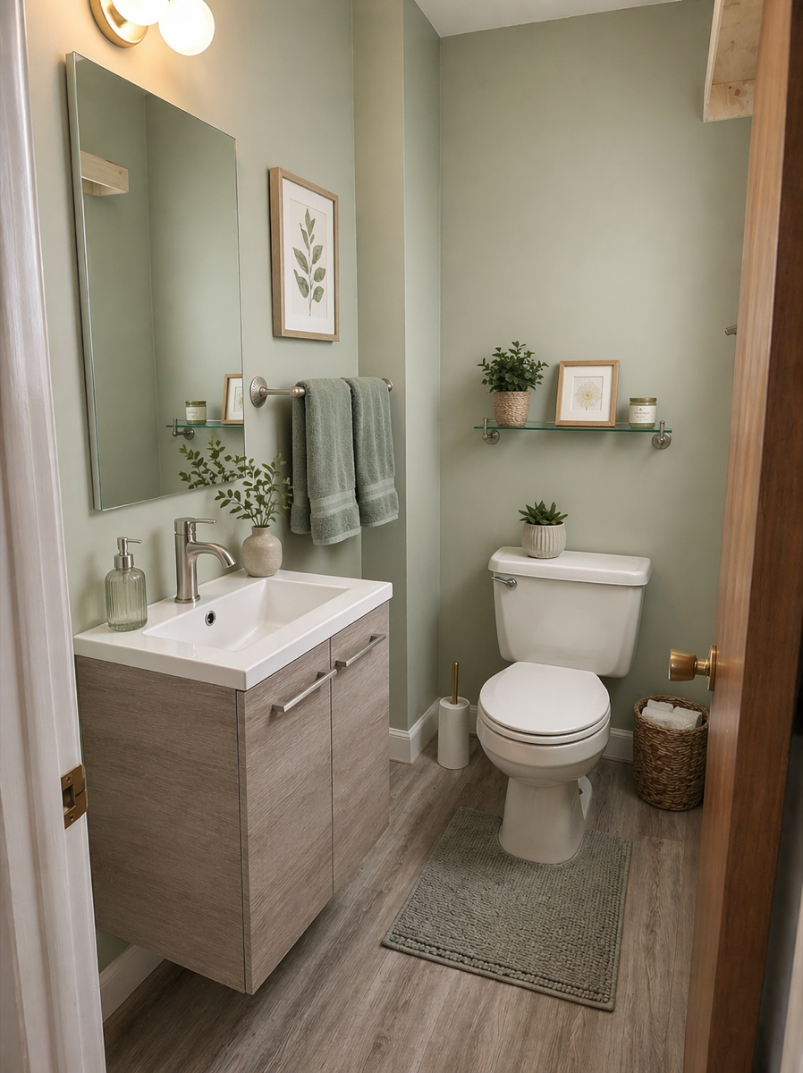 Half Bath Update — after, with a sage color palette and floating vanity